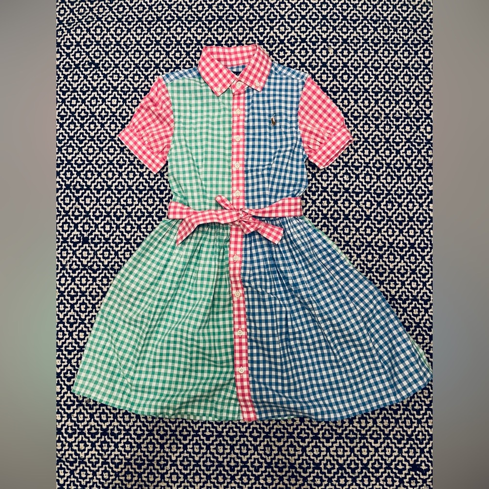 Polo Ralph Lauren Girls Gingham Check Poplin cotton shirt Dress pink blue green